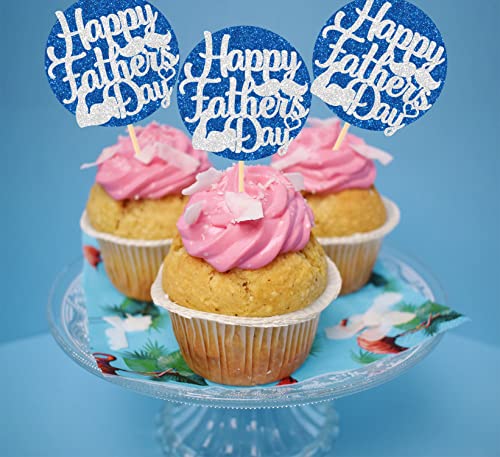 Jozon 36 Pieces Glittery Happy Father's Day Cupcake Toppers With Beard Love Muscle Signs Round Glitter Fathers Day Thanks Dad Best Dad Cupcake Picks For Dads Day Birthday Party Supplies Cupcake Decorations (Blue Sliver) #TOP5