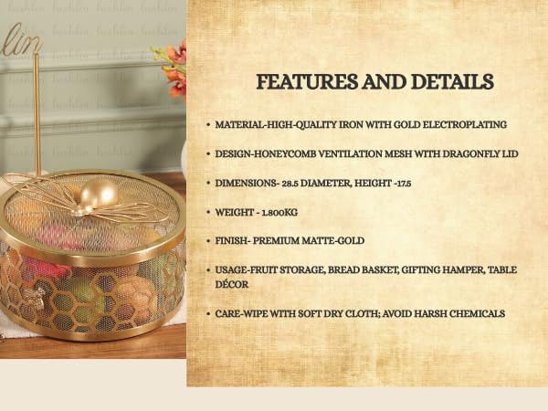Image of LUSHLIN Metal Fruit Basket with Lid for Kitchen & Dining Table | Insect Proof Mesh Fruit & Vegetable Basket | Countertop Storage Basket for Fruits, Vegetables & Snacks (Gold, 28.5 cm)