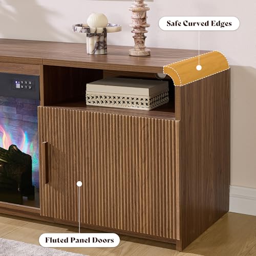 AMERLIFE 70\" Fluted Fireplace TV Stand for TVs Up to 80\", Modern TV Console with 30\" Electric Fireplace & Storage Cabinets, Media Entertainment Center for Living Room, Brown - Thumbnail 6