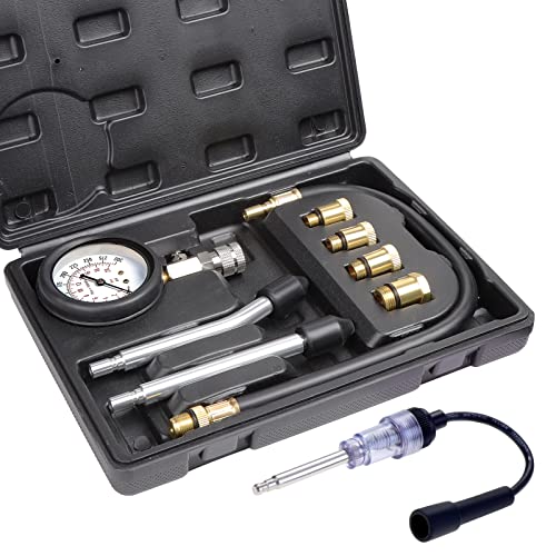 WiMas Probador de Compresión de Cilindros, Probador de Compresión para Motor de Gasolina,Universal Coche y Motocicleta Manómetro Presión de Motor Herramienta Diagnóstico con Probador de Bujías (Negro)