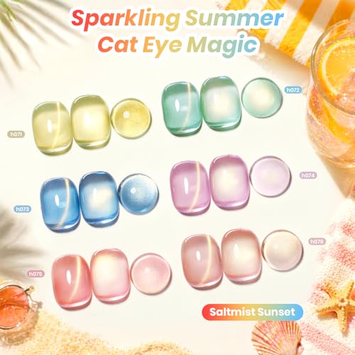 Image of Beetles Summer Voyage Cat Eye Gel Nail Polish Set - 9ML 6 Colors Saltmist Sunset Summer Cat Eye Gel Nail Polish Kit Yellow Blue Green Pink Purple Soak Off UV Salon DIY at Home Manicure Gift for Women