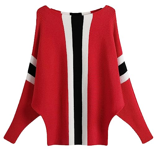 Image of FULIER Women Oversized Boat Neck Batwing Sleeves Dolman Knitted Sweaters Lightweight Pullovers Tops One Size