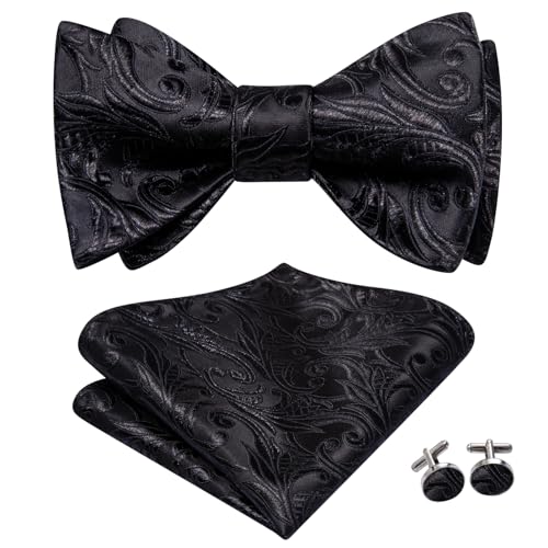 Image of Dubulle Mens Black Floral Bow Ties and Lapel Black Self Tie Bowties and Pocket Square Cufflinks, Medium