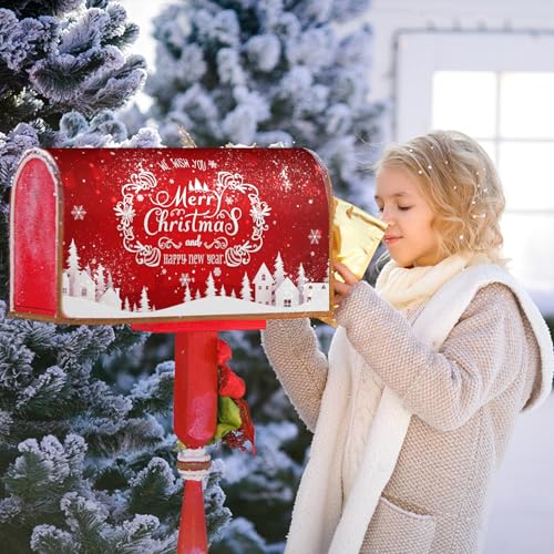 Image of Merry Christmas Mailbox Covers Red Winter Happy New Year Mailbox Cover Magnetic Large Size 25.5 inchx21 inch Xmas Winter Holiday Mailbox Wraps Post Letter Box Covers for Home Indoor Outdoor Decorations