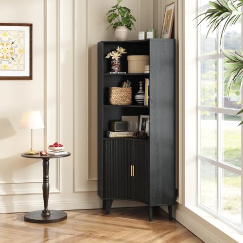 Image of Tall Corner Cabinet with Fluted Doors, 5-Tier Coffee Bar Cabinet | Narrow Storage Cabinets with Adjustable Shelves, Bathroom Organizers and Storage for Small Space, Black