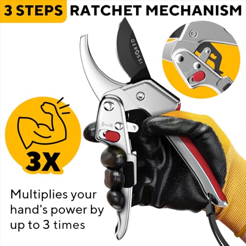 Image of Ratchet Pruning Shears for Gardening Heavy Duty - Increases Cutting Power 3x - Perfect Ratchet Pruners for Weak Hands & Arthritis - 8 inch Anvil Garden Clippers - Sharp Blade for Effortless Cutting - Red
