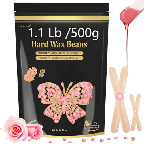 Auperwel Perlas de cera para depilación, 0,5 kg, perlas de cera indoloras para bikini, cejas y cara, perlas de cera para depilación en casa para pieles sensibles, con 20 E