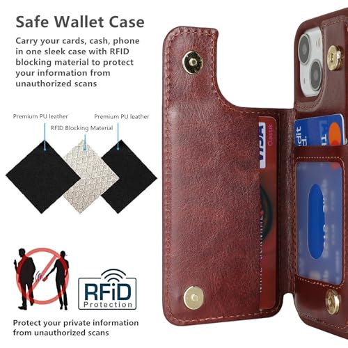 Étui portefeuille iPhone 13 Mini marron avec porte-carte homme femme cuir synthétique - 4
