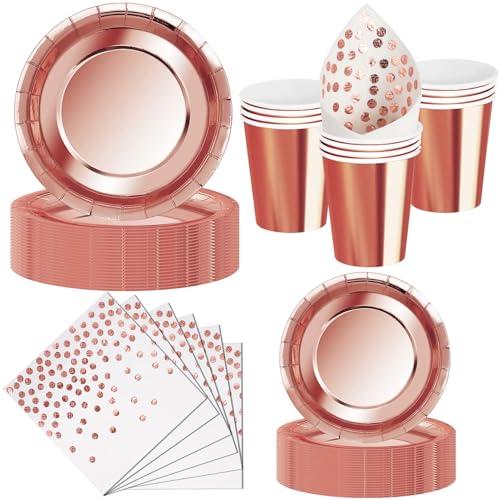 Nkaiso Set de Vaisselle Jetable 50 Pièces Rose Gold - 10 Assiettes 23cm, 10 Assiettes 18cm, 10 Gobelets, 20 Serviettes - Pour Événement Chic, Baby Shower,...
