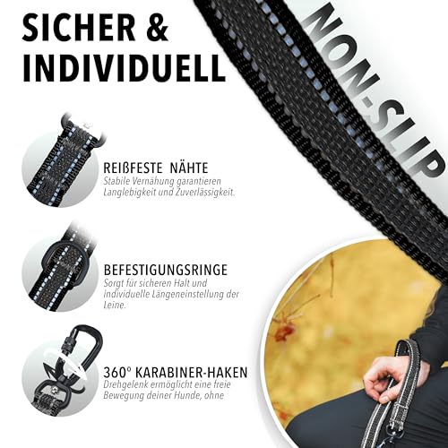 bluzelle Starke Hundeleine 3m für Große Hunde bis 100kg, Extra Robuste 360° Aluminium Karabiner-Haken, Gummierte Doppelleine für 2 Hunde, Verstellbare Freihand-Leine zum Umhängen, Farbe:Schwarz