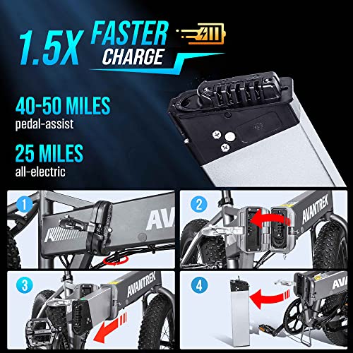 Avantrek Cybertrack 200 Electric Bike Foldable 20"X4" Fat Tire Electric Bicycle, 1.5X Faster Charge, 500W Brushless Motor 48V/10Ah Removable Battery, Shimano 7 Speed - Silver #TOP1