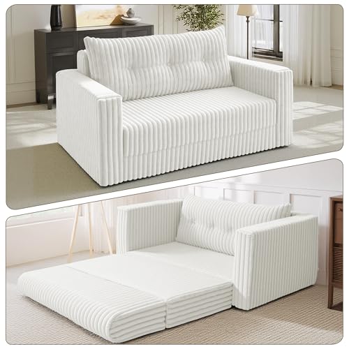 Image of HABUTWAY 41.3 inch Loveseat Boneless Couch, 4-in-1 Convertible Sofa Bed, Plush Fur Folding Futon Sofa Bed Couches with a Pillow for Living Room, High-Density Foam Support, No Assembly Required, Beige