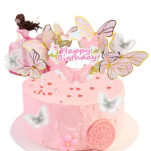 Decoración para tarta de cumpleaños con mariposa, decoración para tartas, cupcakes, cumpleaños, decoración para tartas, hada, mariposa, juego de decoración para tarta de niña, color rosa Cover