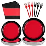 Grencian 96Pcs Red and Black Party Decorations Red and Black Plates and Napkins Disposable Paper Tableware Set for Birthday Wedding Fiesta Retirement Halloween Party Supplies, Serves 24