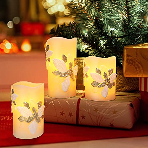 Revelbunny Christmas Poinsettia Flameless Candles, Battery Operated Led Pillar Candles With Remote Timer, Real Wax Embossed Flower Candles For Holiday Wedding Home Decoration, Set Of 3 #TOP6