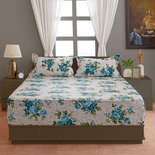 Image of Swayam Pure Cotton King Fitted Bedsheet with 2 Pillow Covers | Size 72 x 78 x 10 inch | 160 TC | Floral Design | Soft Breathable Bed Sheet | Comfortable & Durable for Bedroom - White & Blue