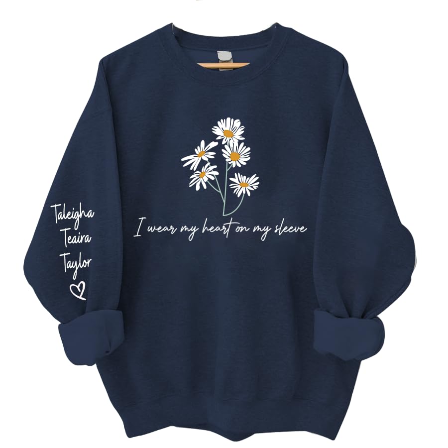 Custom I Wear My Heart on My Sleeve Sweatshirt Kids Children Name on Sleeve Mom Mama Sweatshirt Personalized Hoodie Mothers Day Birthday for Mom Mama Grandma Women Her.