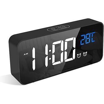 Latec Digital Alarm Clock with Large LED Temperature Display Table Clock with 13 Music tones USB Charging Port 4 Brightness settings and Volume Adjustable Snooze function Portable Mirror Alarm with 2 Alarms 12 / 24 hr formats
