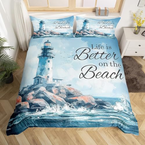 Nautical Duvet Cover Twin Size for Kids Boys Men Teens,Coastal Lighthouse 2 Pcs Quilt Cover,Seaside Sea Wave Reef Bedding (Not Comforter),Ocean Adventure Comforter Cover