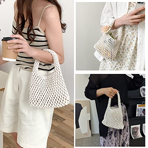 Image of Mini Clutch Handbag Fishing Net Bucket Bag Cotton Rope Crochet Drawstring Woven Beach Bag Small Tote for Women Girls