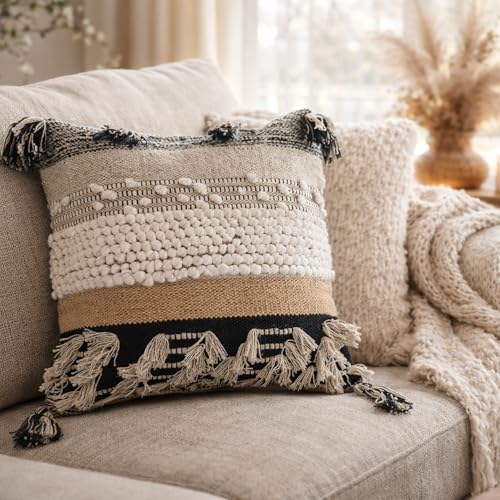 COZYDEKO Throw Boho Pillow Cover, 18”x18” Bohemian Moroccan Rustic Decorative Pillows with Tufted Accents, Plush Handwoven Cotton, Textured Woven Neutral Farmhouse Scandinavian Home Decor