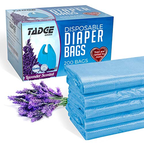 Image of Tadge Goods Baby Disposable Diaper Bags Scented with Lavender - Odor Absorber Biodegradable Plastic Diaper Sacks for Trash Bag Essential Items - Bags for Dirty Diapers - Refill 200 Count (Blue)
