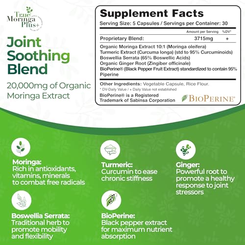 True Moringa Plus+ Joint Support Supplement 10:1 Extract | 20,000mg of Organic Moringa, Turmeric Curcumin, Ginger, Boswellia, BioPerine | Extra Strength Herbal Antioxidant for Adults (150 Capsules)