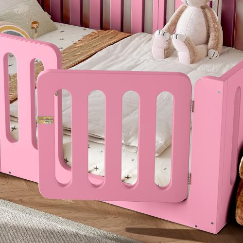 Image of Bellemave Queen Montessori Floor Bed Frame,Pink | Solid wood kids montessori floor bed with high safety fence & door, low to ground design for girls and boys