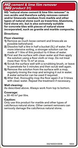 HG Natural Stone Cement & Lime Film Remover 31, Acid Free, Removes Cement Residue Safely, for Marble, Granite & All Other Types Of Calciferous Natural Stone  1 Litre (216100106)