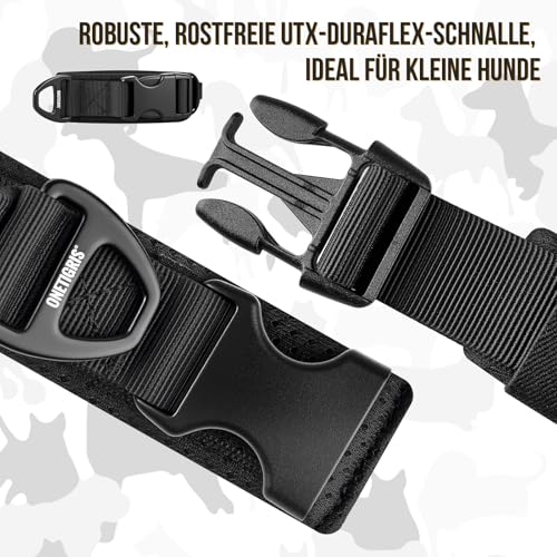 OneTigris Hundehalsband Kleine Hunde, Taktisches Hundehalsband mit Griff, Weich Gepolstert Breites mit Kunststoffschnalle und Ring aus Aluminiumlegierung, Schwarz, XS(25-33cm)