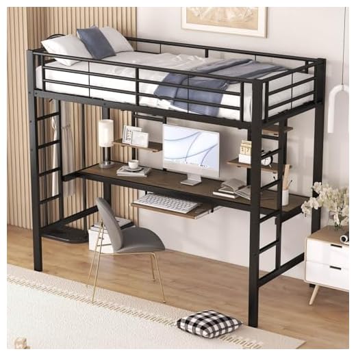 KOMHTOM Lit Surélevé avec Bureau et étagères de Rangement, Lit Mezzanine Cadre de lit en métal, Support à Lattes, pour Enfants, Adolescents(sans Matelas) (90x200cm)