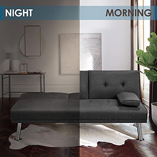 Yaheetech Linen Fabric Modern Sofa Bed Sectional Couch Bed Folding Recliner Sleeper Reversible Loveseat Convertible Daybed, 2 Cup Holders, 3 Angles, 772Lb Capacity, Removable Armrests, Dark Gray #TOP1