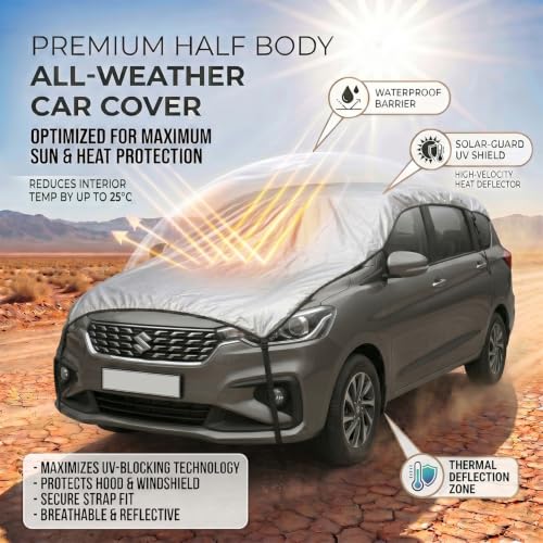 Image of Pivalo Half Car Body Cover for MUV Cars (All Models & Years) | 100% Waterproof Outdoor UV & Heat All Weather Protection | Triple Stitched 3 Layer with Adjustable Straps Cover (Reflective Silver)