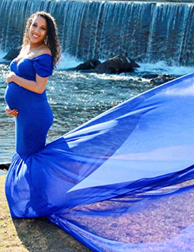 Ojq Maternity Off Shoulder Chiffon Gown For Photoshoot Maxi Photography Dress For Photo Props Dress Navy Blue #TOP4