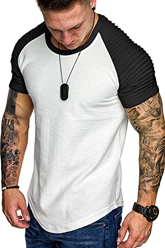 COOFANDY Men's Muscle T-Shirt Pleated Raglan Sleeve Bodybuilding Gym Tee Short Sleeve Fashion Workout Shirts Hipster Shirt, Pattern3 (White & Black), S