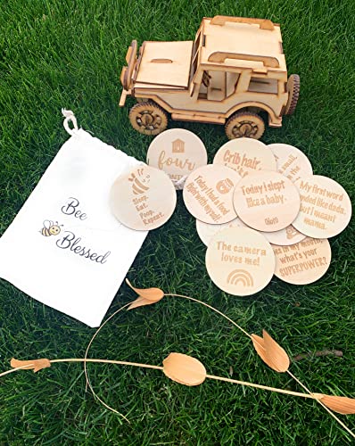 Image of Funny Baby Monthly Milestone Announcement Cards | 13 Round Wooden Double Sided Signs | Gender Neutral Gifts | Baby Shower | Fun Photo Props | Baby Registry | Pregnancy Gift | Baby Photo Props