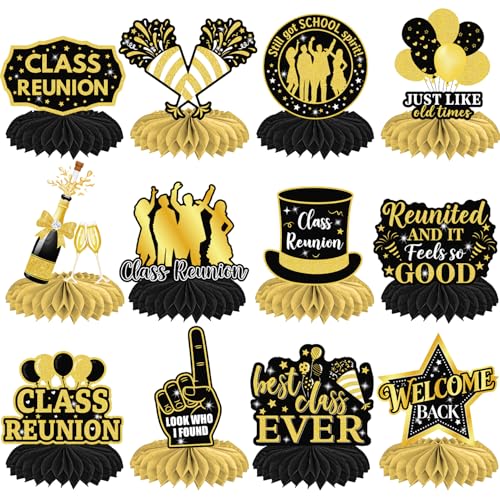 Class Reunion Honeycomb Centerpieces Welcome Back to School Table Decorations 12 Pieces Black and Gold Classroom Best Class Ever Party Decor for 60 70 80 90 Years Reunion Party Supplies