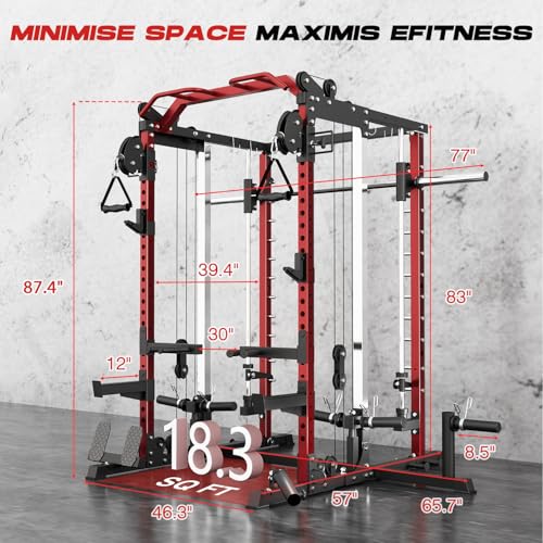 Image of Smith Machine Home Gym, Multi-Function Power Cage with Dual Pulley Cable Crossover System, All-in-One Squat Rack with Smith Bar and Strength Training Attachments for Full-Body Workouts
