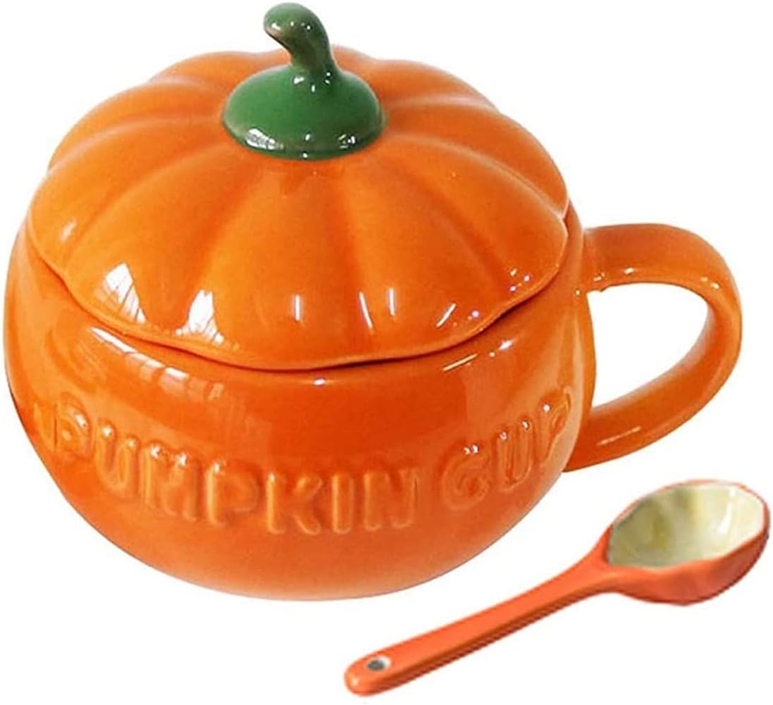 YBK Tech Cute Pumpkin Cup, Ceramic Coffee Mug, Tea Cup with Lid and Spoon (8.5oz)