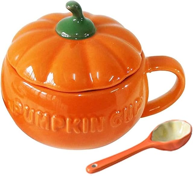 Eplze® YBK Tech Cute Pumpkin Cup, Ceramic Coffee Mug, 8.5oz Tea Cup with Lid (Cup+ Spoon)