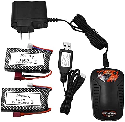 Blomiky 2 Pack 11.84Wh 7.4V 1600mAh 45C T Connector Plug Li-Po Battery and Charger for 9125 1/10 Scale 48KMH 4X4 Fast RC Truck Cars 25-DJ02 9125 Battery 2
