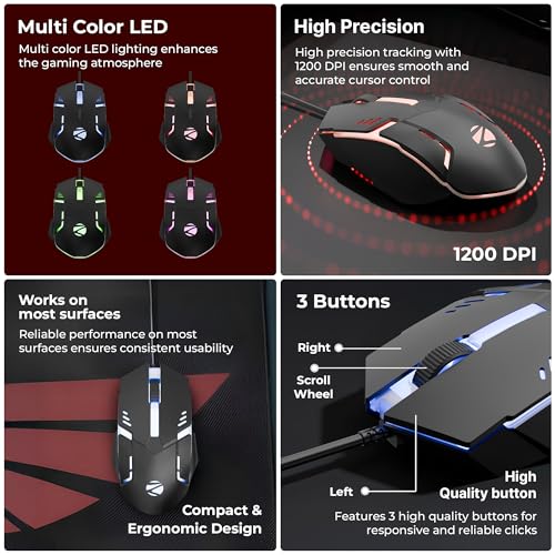 Image of Zebronics Wired Keyboard & Mouse Combo, 104-Key, 1200 DPI, ₹ Key & Multimedia Controls, Ergonomic Mouse, 1.3m Cable, Multicolor LED (War 2, White + Black)