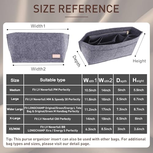 Image of Doxo Purse Organizer Insert for Handbags & Base Shaper 2pc Set, Felt Neverfull MM Organizer Insert, Tote Bag Organizer with Zipper Pocket and Bottle Holder, Fit Speedy 30 Neverfull MM and More,Gray-L