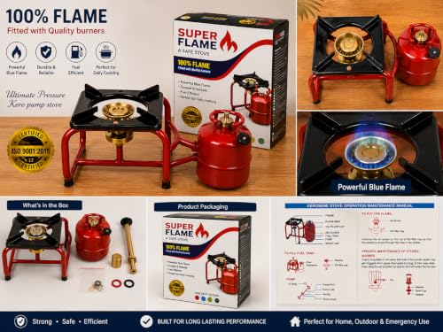 Image of Home Kart Hub Super Flame Pressure Kerosene Stove | Heavy Duty Portable Kerosene Cooking Stove with Brass Burner | Fuel Efficient Metal Stove for Home, Camping & Outdoor Cooking | Red | 1 Piece