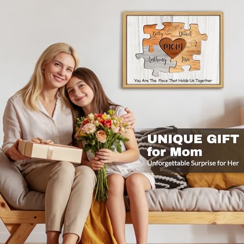 Personalized Mothers Day Birthday Gifts for Mom from Daughter Son Custom Names Puzzle Canvas Prints with Frame You Are The Piece That Holds Us Together Family Wall Art Customized Christmas Decoration