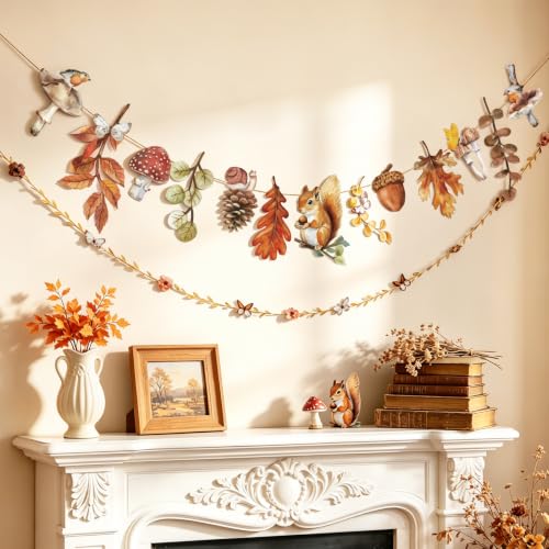 Image of Fall Autumn Hanging Decorations - 1Pcs Mushroom & Fallen-Leaves Fairy Tale Paper Banner Bunting