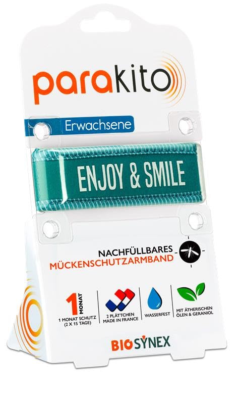 PARAKITO - Wiederverwendbares Mückenschutzarmband - 2 ätherische Ölplättchen - 1 Monat Schutz - Ohne DEET - Größe Erwachsene - Enjoy & Smile Blau