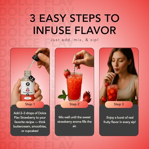 Image of Dolce Flav Strawberry Extract - 2 Ounce Water-Soluble Multipurpose Flavoring Ideal for Baked Goods, Beverages, Coffee, Desserts & Ice Cream - Strawberry Essence Perfect for Weight Management