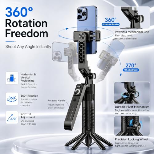 Image of Gismo AI Face Tracking Selfie Stick Tripod with 1800mAh Rechargeable Battery, Bluetooth Remote, 4-Leg Stable Stand, 360 Rotation, Extendable & Foldable Phone Holder for Android, Vlogging, Reels.