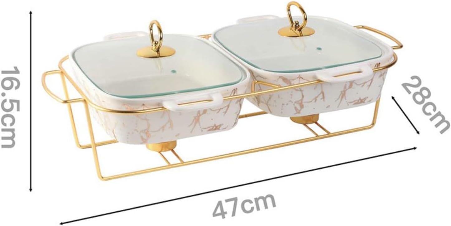 Ceramic Dry Pot Food Warmer Set, Chafing Dish Cookware Sets, Buffet Warmers Set with Lid, Gold Plating Serving Dishes,